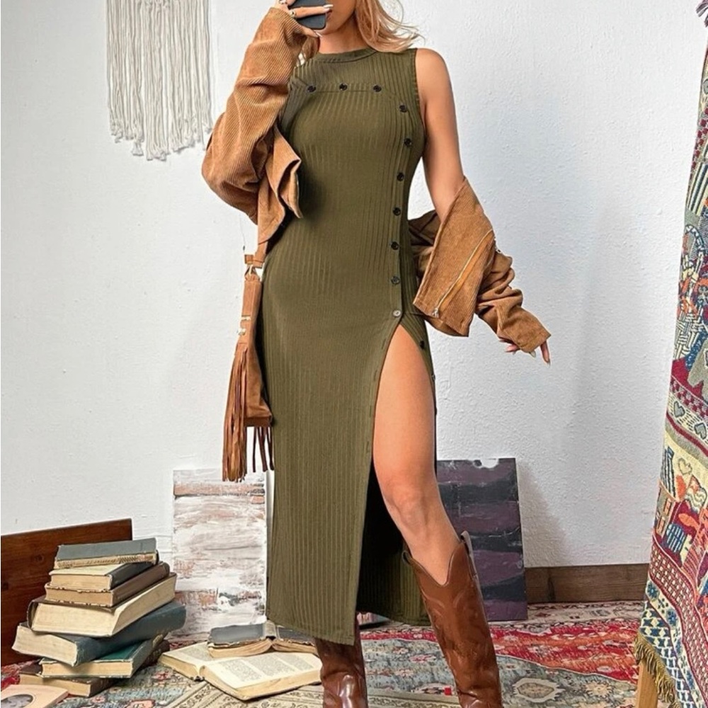 Button Detail Split Thigh Tank Army Green Dress